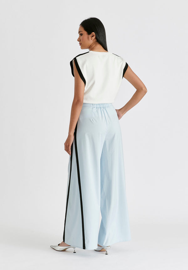 Contrast Trim Wide Leg Trousers in Light Blue and Black Back